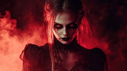 Portrait of a woman with red eyes in a dark gothic fantasy setting