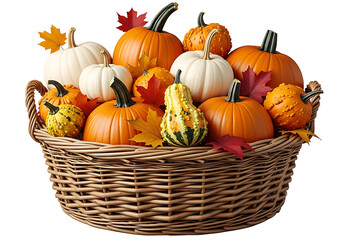 A wicker basket overflowing with vibrant autumnal pumpkins and gourds, adorned with colorful fall leaves against a stark black backdrop.