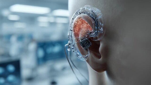 Focused image of a neural implant device embedded behind the ear set against a softly blurred medical lab environment showing futuristic braincomputer integration.