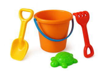 Colorful beach toys isolated on transparent background: bucket, shovel, rake, and turtle sand mold