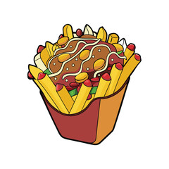 Appetizing loaded chili fries with melted cheese and fresh onions banner advertisement design