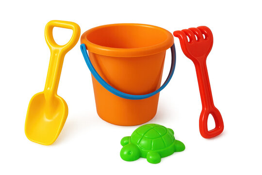 Colorful beach toys isolated on transparent background: bucket, shovel, rake, and turtle sand mold