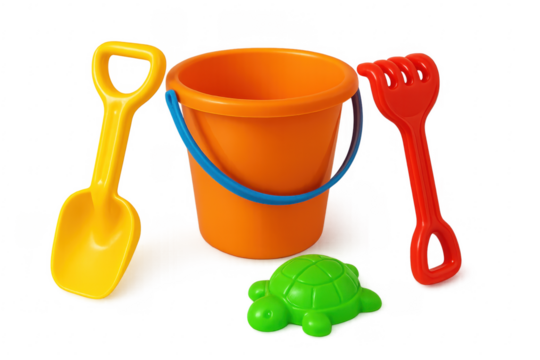 Colorful beach toys isolated on transparent background: bucket, shovel, rake, and turtle sand mold