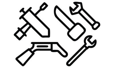 Vector icon set of hand tools including hammer, wrench, and screwdriver for construction and repair illustration