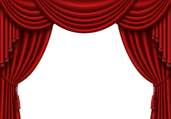 Rich crimson stage drapes with detailed folds and tassels against a stark black backdrop.