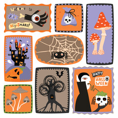 Halloween frames art set with  vampire, haunted castle, pumpkin, zombie hand with eye, scary tree, bat, fly agaric, toadstool, potion, spider, web. Geometric shapes with cartoon objects on white.