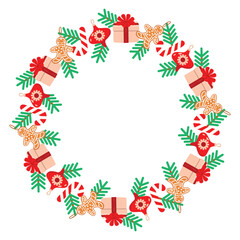 Christmas frame with gingerbread man, Christmas tree decoration, Santa's stick, gift with bow and spruce branches. Cartoon objects isolated on white background. Vector illustration in flat colors.