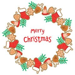 Christmas frame with gingerbread, pine cone, sock, burning candle and spruce branches. Cartoon objects isolated on white background. Festive poster with hand written. Vector illustration in flat.