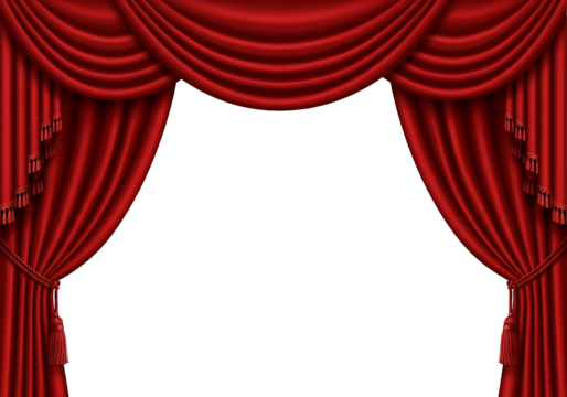 Rich crimson stage drapes with detailed folds and tassels against a stark black backdrop.