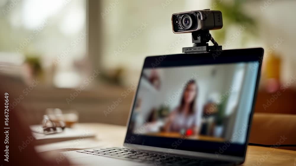 Poster medium shot of a person adjusting a webcam on top of a laptop during a virtual class with the room s