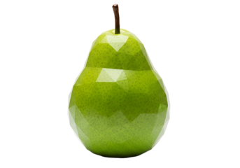 A vibrant green pear, rendered in a polygon style, is highlighted against a pure black backdrop.