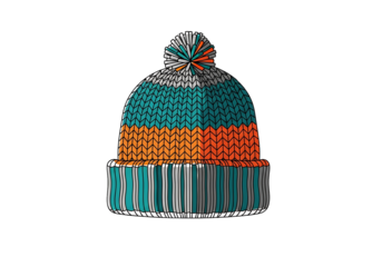 A stylish, hand-drawn beanie with a pom-pom, featuring a striking color combination of teal, orange, and grey, against a bold black background.