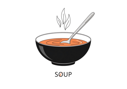 A stylized illustration of a bowl of hot, orange soup, with steam rising and a spoon.
