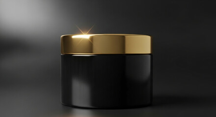 Black jar with gold lid on dark background, showcasing elegant product packaging design, ideal for luxury cosmetic or beauty product mockup