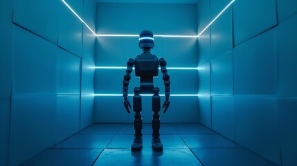 Futuristic matte black humanoid robot sleek design glowing blue joints