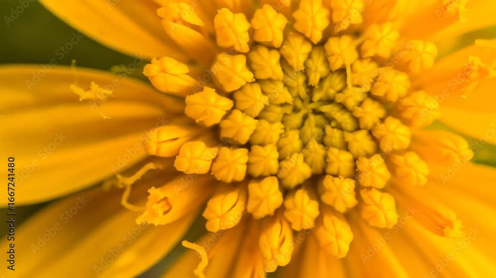Poster detailed yellow flower core with spiraling petals and pollen in close-up macro displaying intricate 