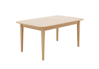 A light beige wooden dining table with a simple rectangular design is pictured against a black background.