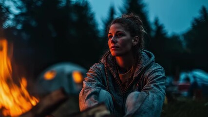 Young woman sitting by a campfire in the wilderness focused expression with dancing firelight blurred tents and trees framing her solo camping adventure.