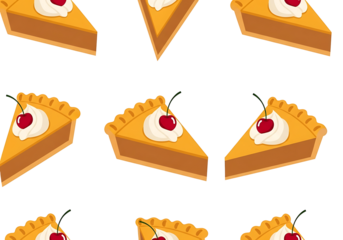 A delightful repeating pattern of pumpkin pie slices, each topped with a cherry and whipped cream, set against a bold black background.