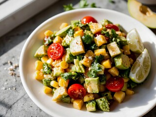 Fresh avocado corn salad with cherry tomatoes and lime on a gray stone table