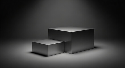 Two gray cubes on a gray background, illuminated from above, creating a simple, minimalist product display or showcase suitable for presentations or mockups Free space for text or branding