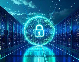 Futuristic server room with security sphere