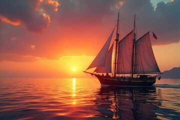 Classic wooden sailboat gracefully gliding on calm waters at sunset, masts silhouetted against the fiery sky A timeless image of nautical elegance and adventure , vessel, marine