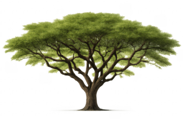 Large acacia tree with green leaves on transparent background