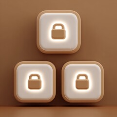 Three square buttons, beige and off-white, light-emitting lock icons