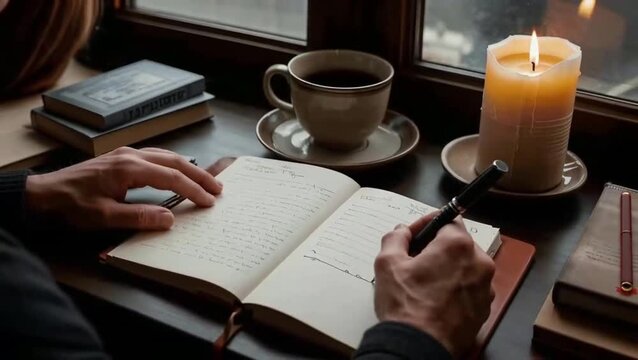 Manos escribiendo en un diario junto a una taza y una vela.