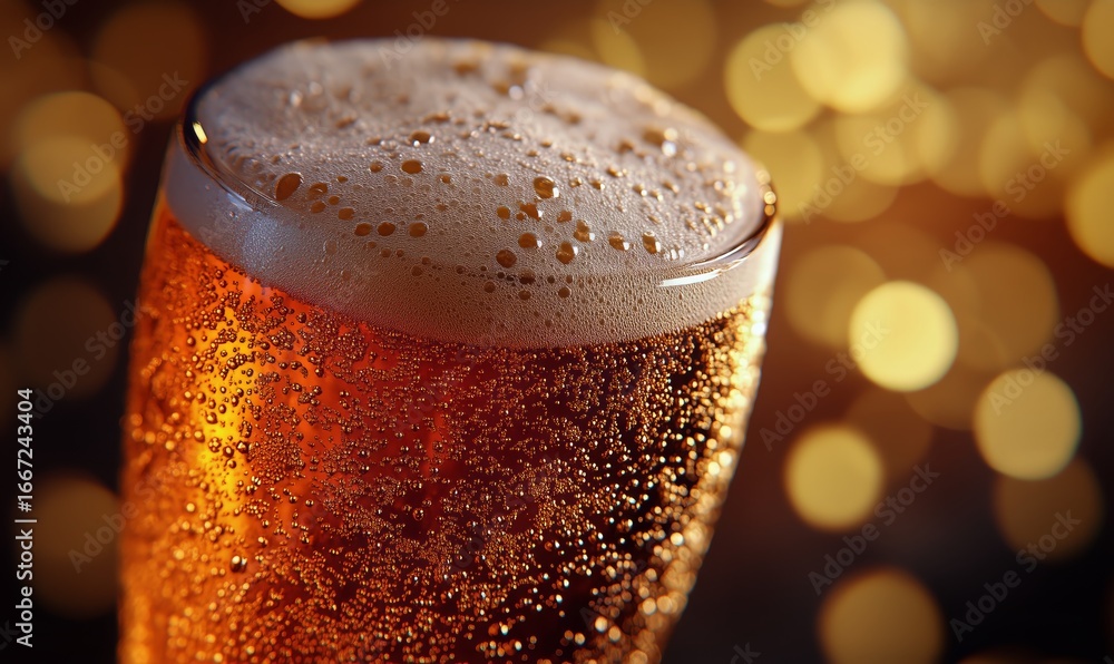 Poster refreshing beer in a glass with golden bubbles and sparkling background during a festive gathering.