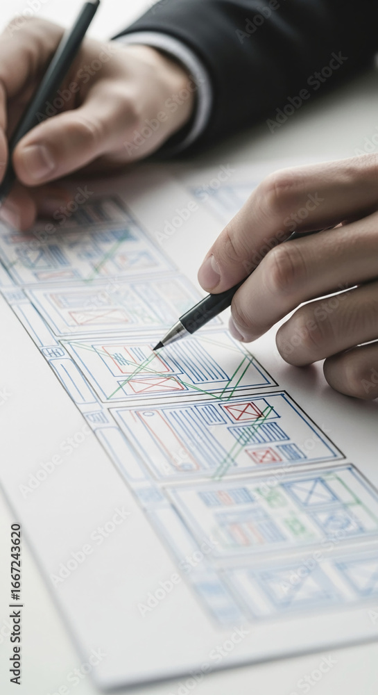Poster close-up of hands sketching website layout on paper, showcasing website design process, symbolizing 