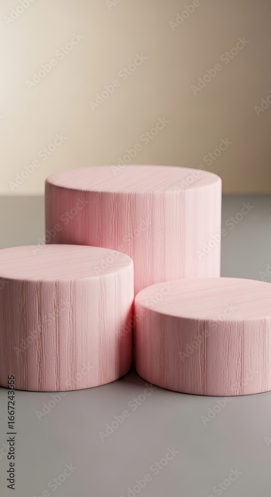 Poster three pink cylindrical platforms on gray background, creating a minimalist product display scene moc