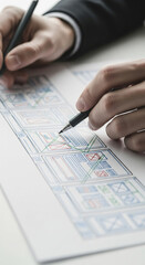 Close-up of hands sketching website layout on paper, showcasing website design process, symbolizing creativity, planning, and development