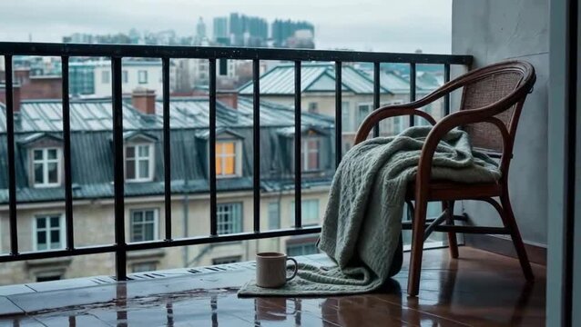 Una silla vacía en un balcón con una manta y una taza fría