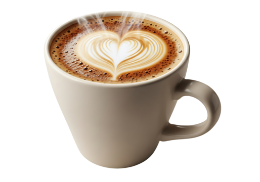 A latte art design with a heart pattern steam rises from the creamy cappuccino in a light beige mug.