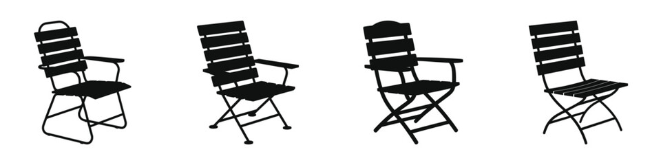 Set of Folding Chair Silhouette Icons – Black Vector Illustrations of Outdoor, Garden, and Patio Chairs with Armrests for Furniture, Home Decor, and Interior Design Projects