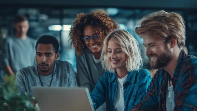 Medium shot of a diverse small group gathered around a laptop main coder typing while teammates watch blurred screen light reflecting coding bootcamp teamwork dynamics.