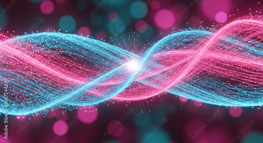 Aufkleber abstract image of pink and blue glowing light strands intertwining, creating a dynamic and energetic