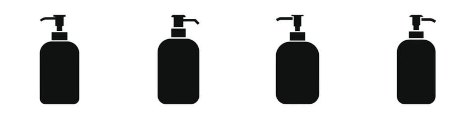 Set of Liquid Soap Dispenser Silhouette Icons – Black Vector Illustrations of Pump Bottles for Bathroom, Kitchen, Hand Wash, Lotion, and Personal Care Product Design and Branding