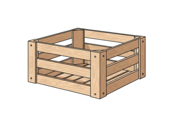 A light beige wooden crate with crisscrossing wooden slats is presented against a black background.