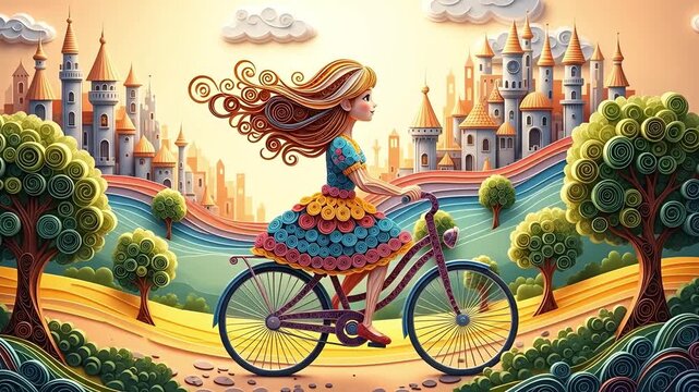 Whimsical quilling-style animation of a girl on a bicycle, vibrant colors, representing a fairytale journey or children's story