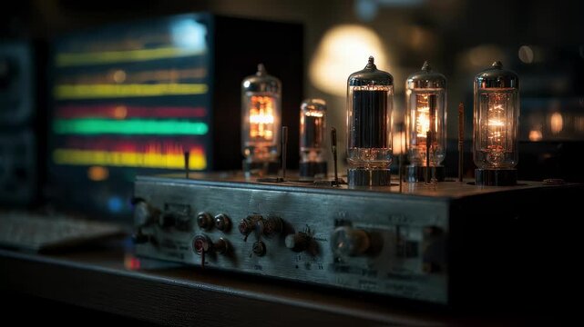 Medium focused shot highlighting classic vacuum tube transmitter controls with detailed glowing filaments set against a hazy backdrop of digitized SDR waterfall spectrum displays