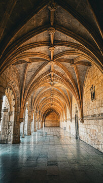 Gothic vaulted cloister interior of Jer&oacute;nimos Monastery in Lisbon, Portugal