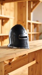 Medieval knight's helmet on wooden counter