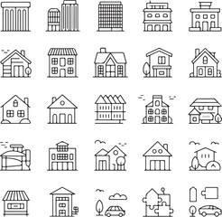 Vector icons representing real estate concepts including houses, sales, and financial transactions
