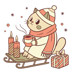 An adorable British Shorthair with a Bashful vibe, sitting in a teacup ride, and a Warm Cozy Christmas theme – SVG style