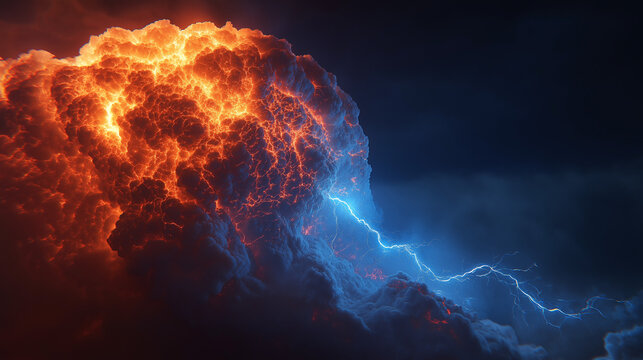 Dramatic sky with vibrant orange and blue clouds, electrifying lightning and powerful storm visuals