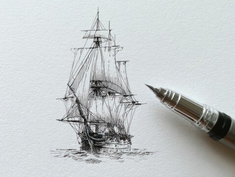 Tall ship sketch with pen on textured white paper, fine lines depict sails, waves