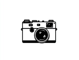 Stylized black/white camera illustration with a lens and top knobs